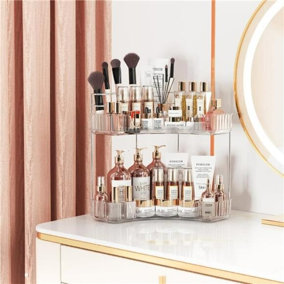 Clear 2 tier corner organizer with brush holder bathroom vanity storage - Picture 4 of 7